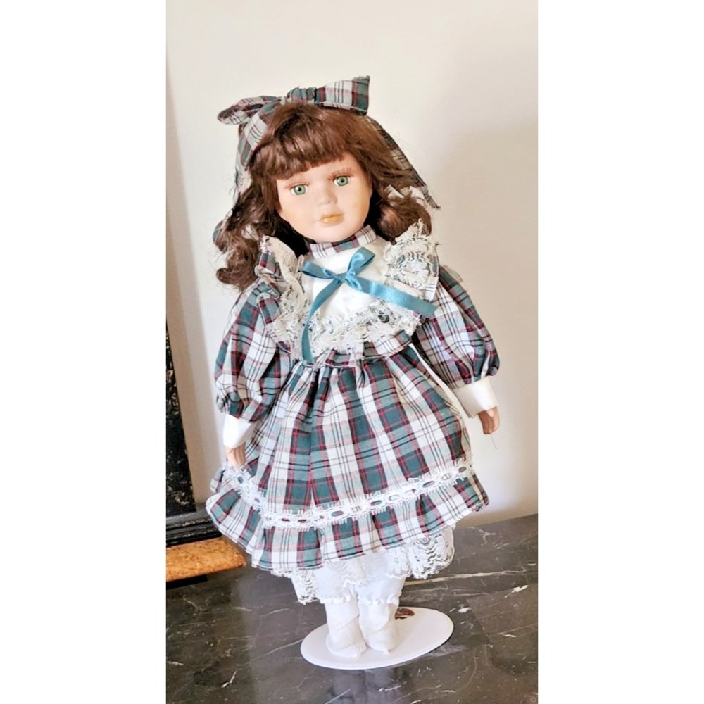16 inch Porcelain Doll with Green Plaid Dress and Matching bow